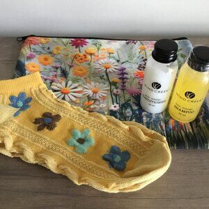 Flower Power Pouch 4 Pc Bundle With Yellow Socks, Shampoo, Conditioner & Pouch